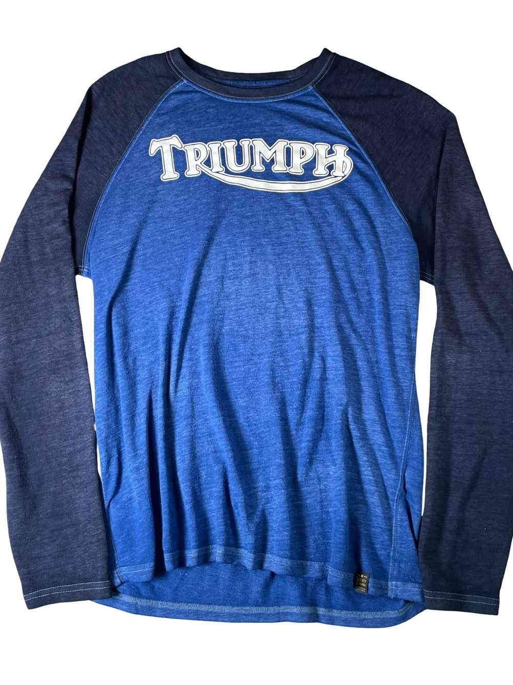 Triumph Motorcycle Blue Raglan Long Sleeve Shirt with Navy Sleeves Lucky Brand